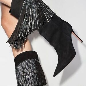 Amina Muaddi Lily Crystal Fringe Stiletto Boot Black Suede